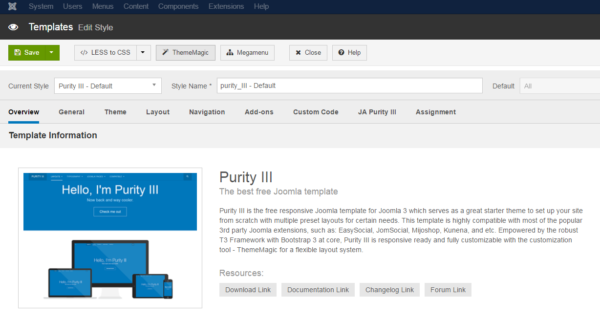 Joomla User Interface with Purity III theme magic