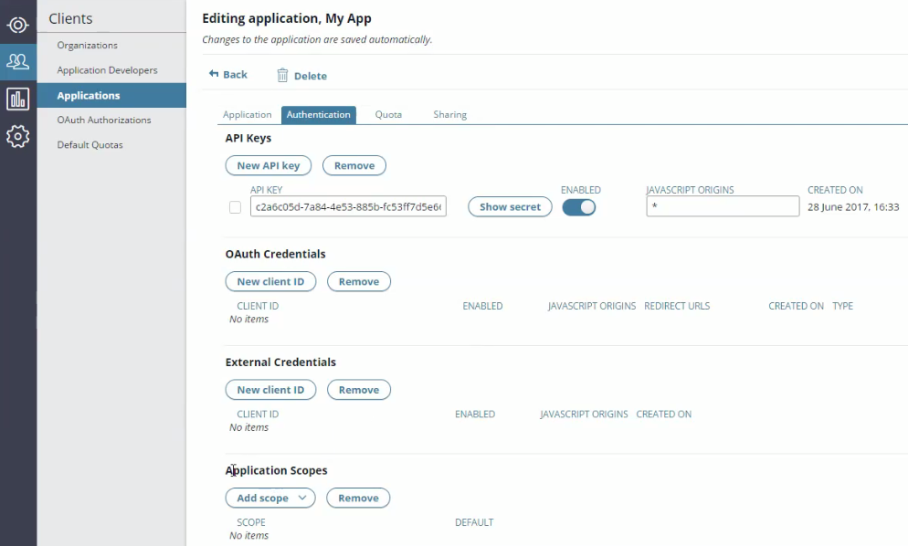 Create API key for client application