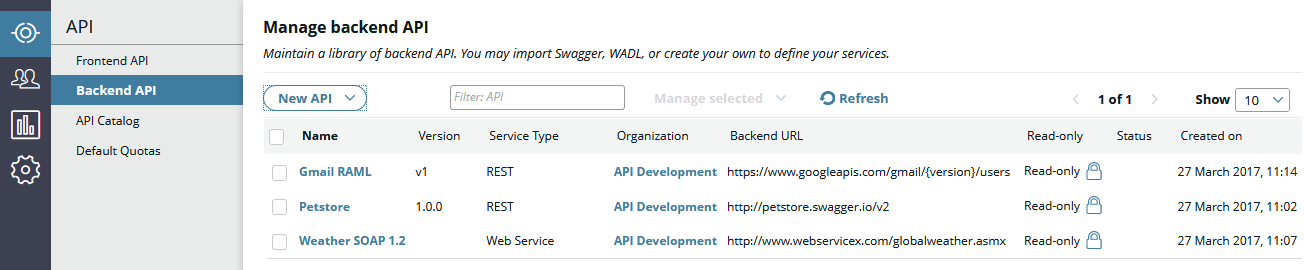 Imported APIs in the web console
