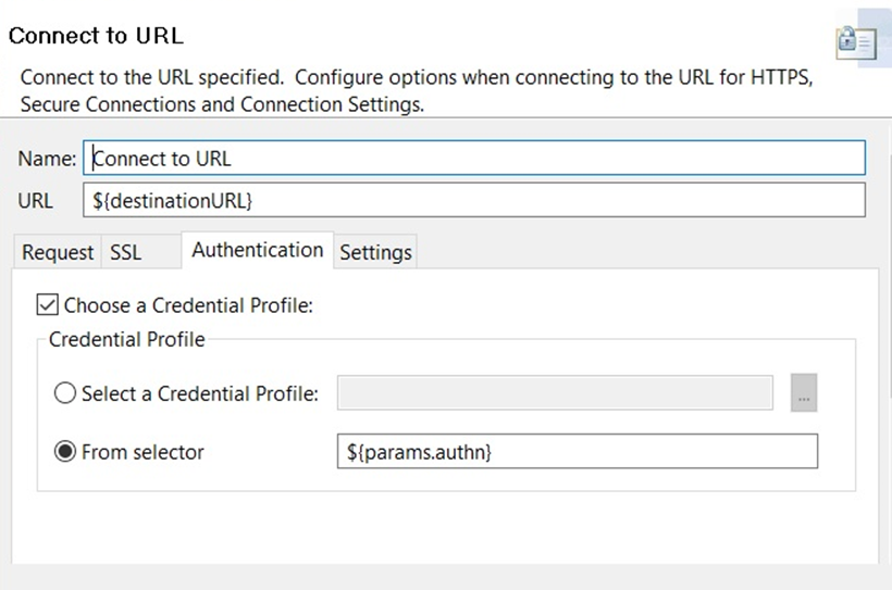 Connect to URL with Authentication set to selector